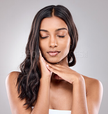 Buy stock photo Hair care, skincare and beauty of Indian woman in studio for health, glow or shine isolated on white background. Face, hairstyle and model with eyes closed in makeup or cosmetics at hairdresser salon