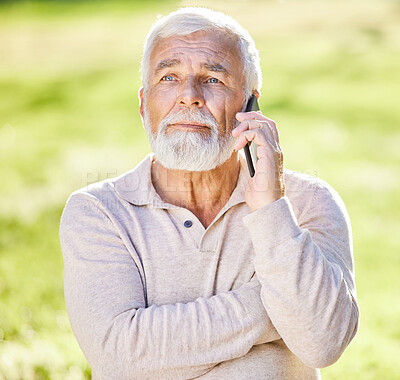 Buy stock photo Senior man, outdoor and phone call with thinking for communication, connection and conversation, Male person, elderly and mobile for app, digital and technology in park for retirement as pensioner