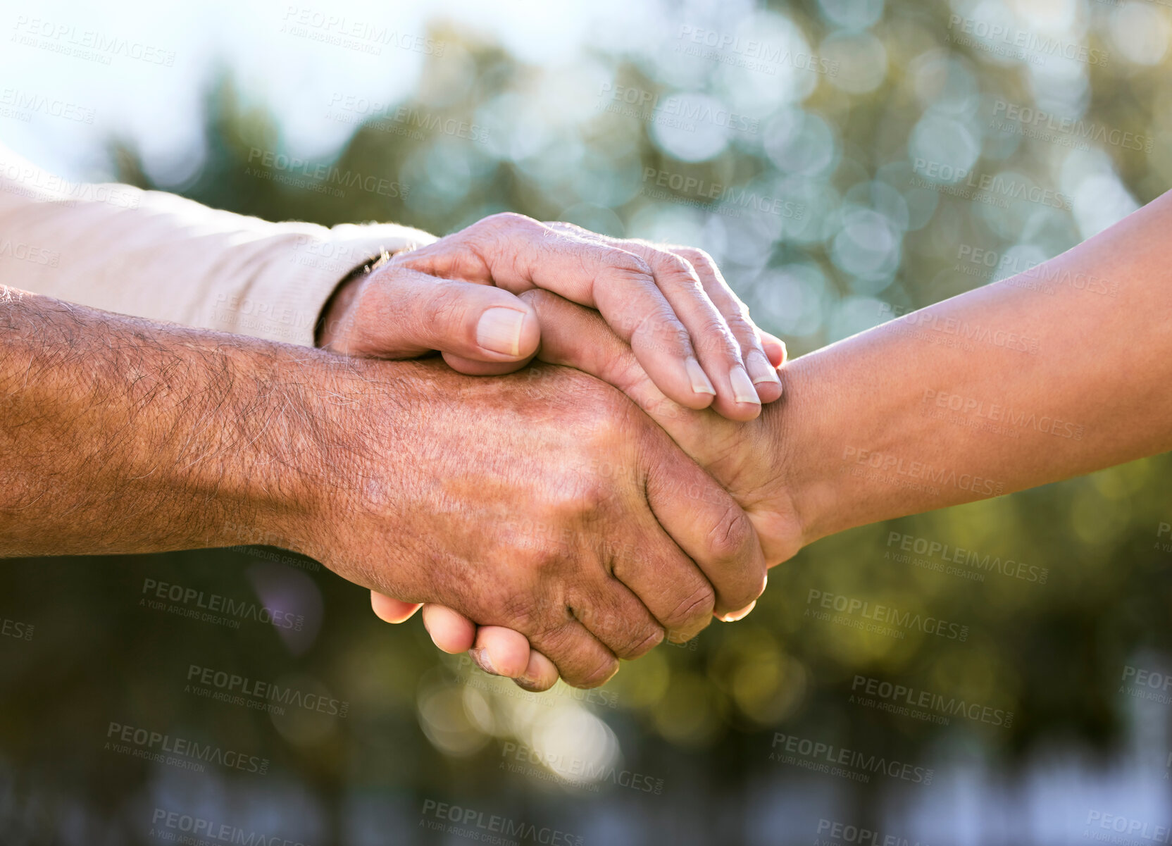 Buy stock photo B2b, handshake and sustainability business outdoor with deal success, agreement and farmer meeting. Shaking hands, collaboration and agriculture employee people with greeting and thank you with bokeh