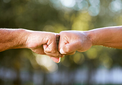 Buy stock photo Fist bump, support and team building outdoor with solidarity, power and nature with friends. Respect, people and hands together for trust, teamwork and motivation in park, garden or congratulations