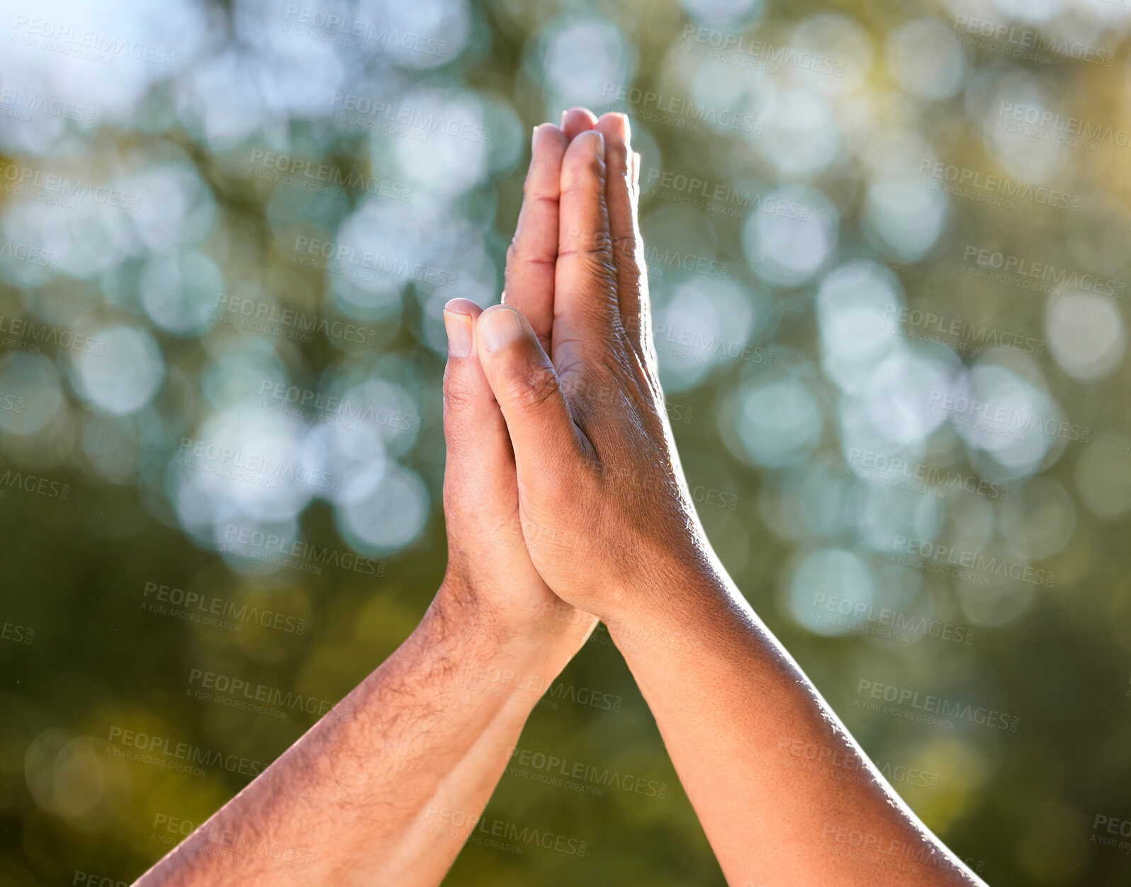 Buy stock photo People, hands and high five with support in nature for teamwork, solidarity or outdoor unity. Closeup of person or friends touching with partnership, friendship or community for motivation or help