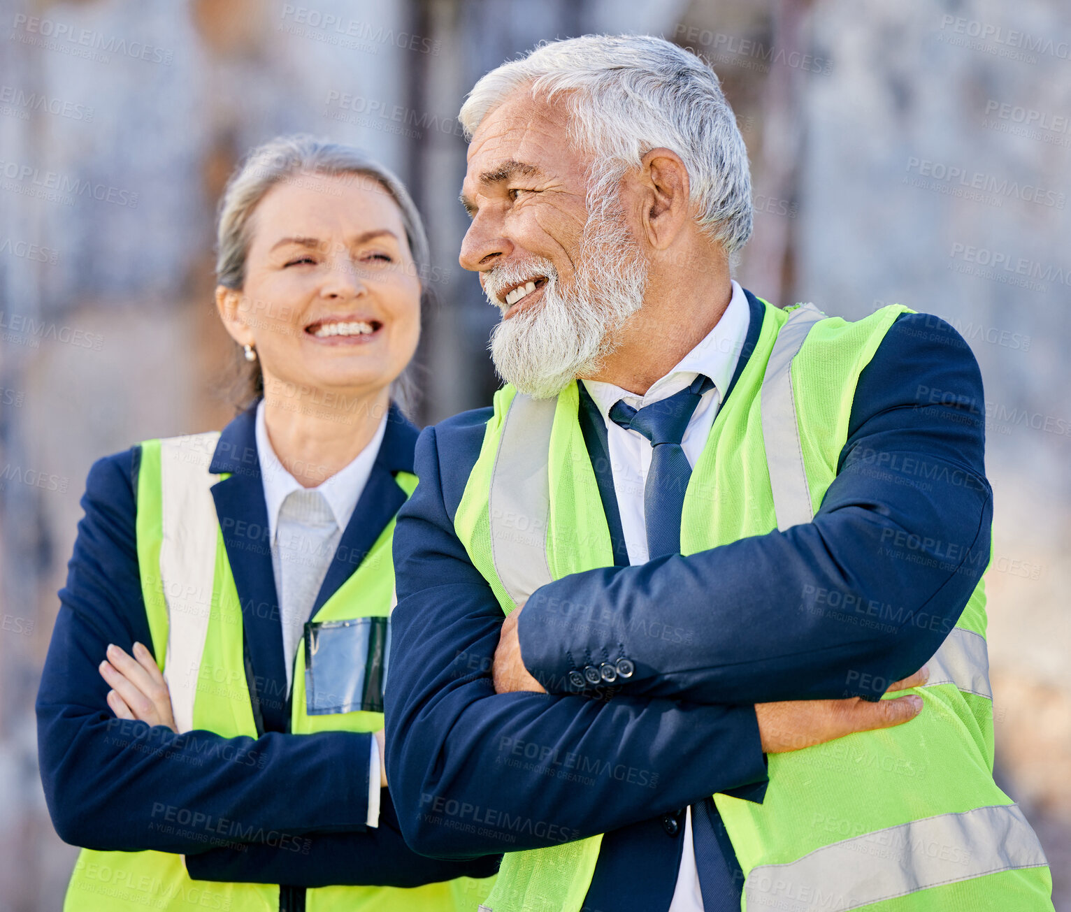 Buy stock photo Mature, team and arms crossed on construction site with supervisor or foreman in vest for business. Manager, boss and industrial company with architect or city planner for collaboration in Canada.