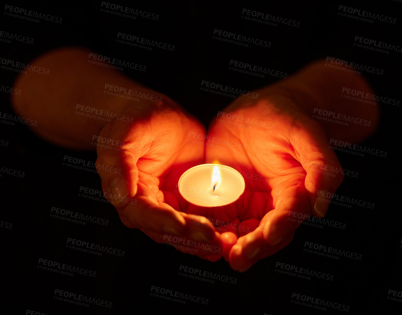 Buy stock photo Hands, dark and person with candle, light and offering with religion on studio background. Closeup, model or human with open palms, solidarity or night with support, spiritual or ritual for vigil