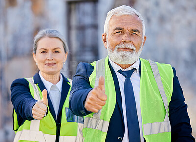 Buy stock photo Thumbs up, mature and engineers on construction site with team of foreman or supervisor in vest. Manager, boss and pride for business with teamwork, architect or city planner with good job in Canada.