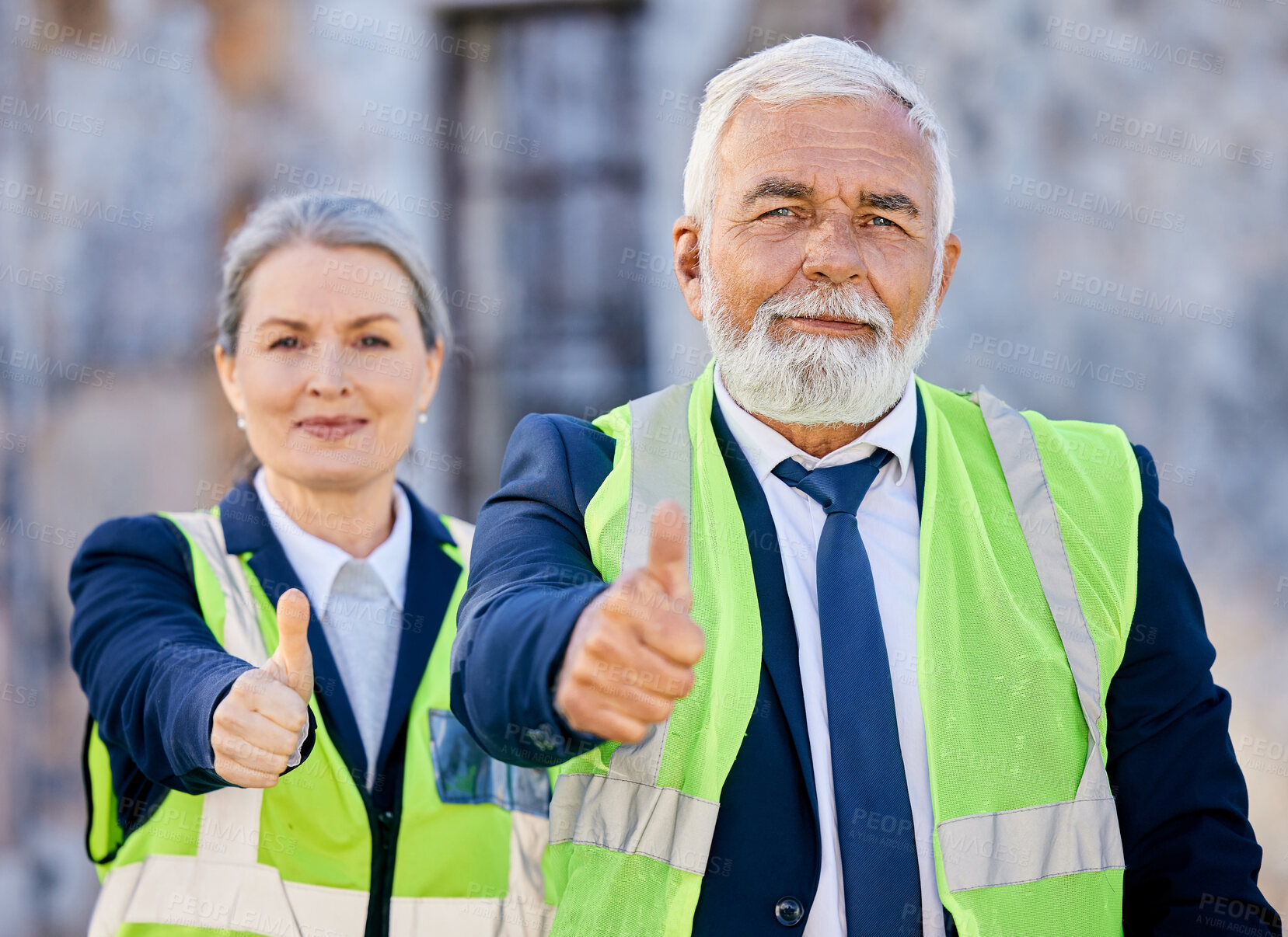 Buy stock photo Thumbs up, mature and engineers on construction site with team of foreman or supervisor in vest. Manager, boss and pride for business with teamwork, architect or city planner with good job in Canada.