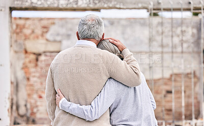 Buy stock photo Sad, insurance and disaster with old couple at house for homeless, comfort and accident. Fire risk, loss and destruction with senior man and woman at building for depression, ruin and damage