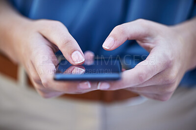 Buy stock photo Hands, phone and contact with a woman typing a text message closeup on a blurred background. Mobile, communication and social media with a female person reading a text or networking alone outdoor