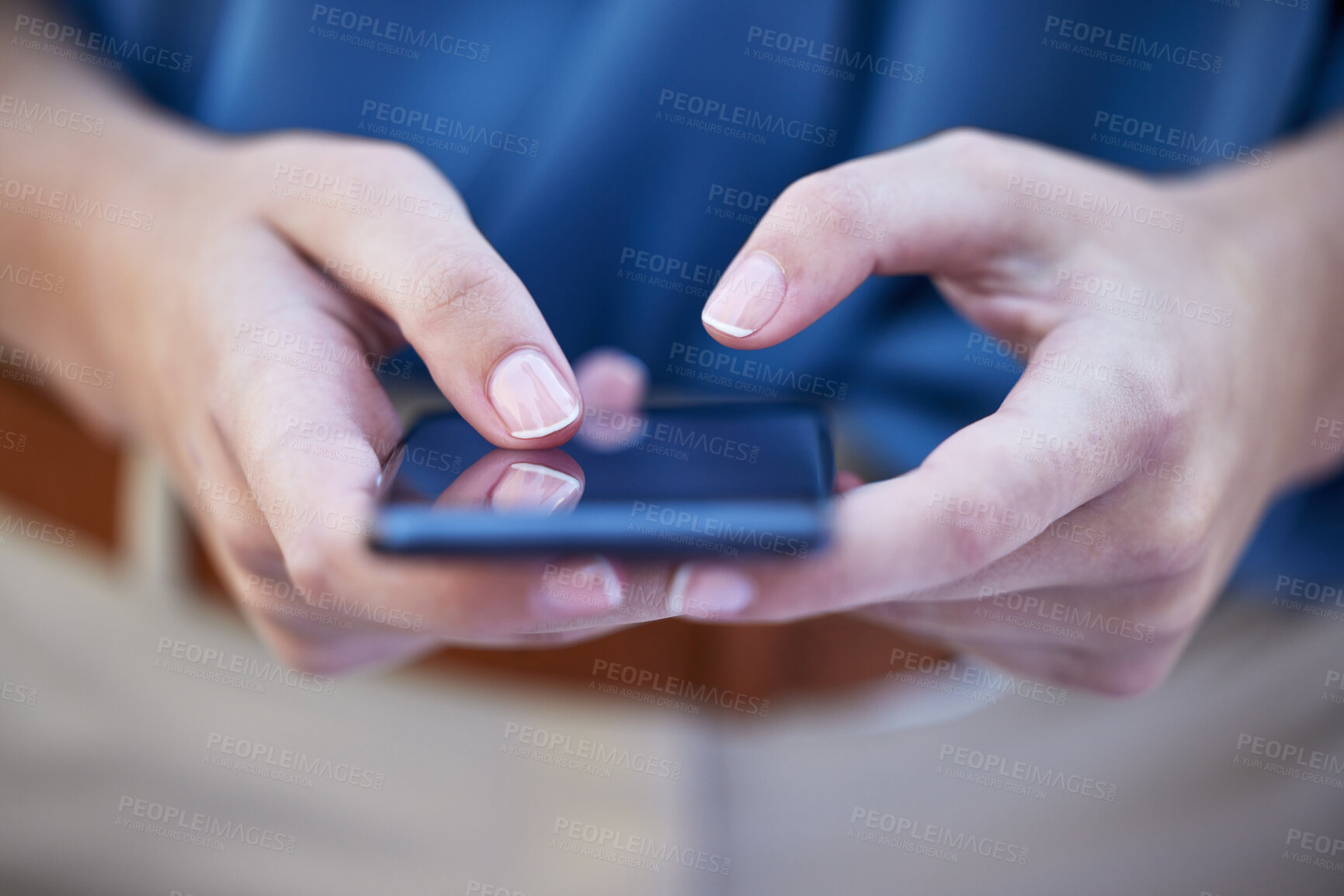 Buy stock photo Hands, phone and contact with a woman typing a text message closeup on a blurred background. Mobile, communication and social media with a female person reading a text or networking alone outdoor