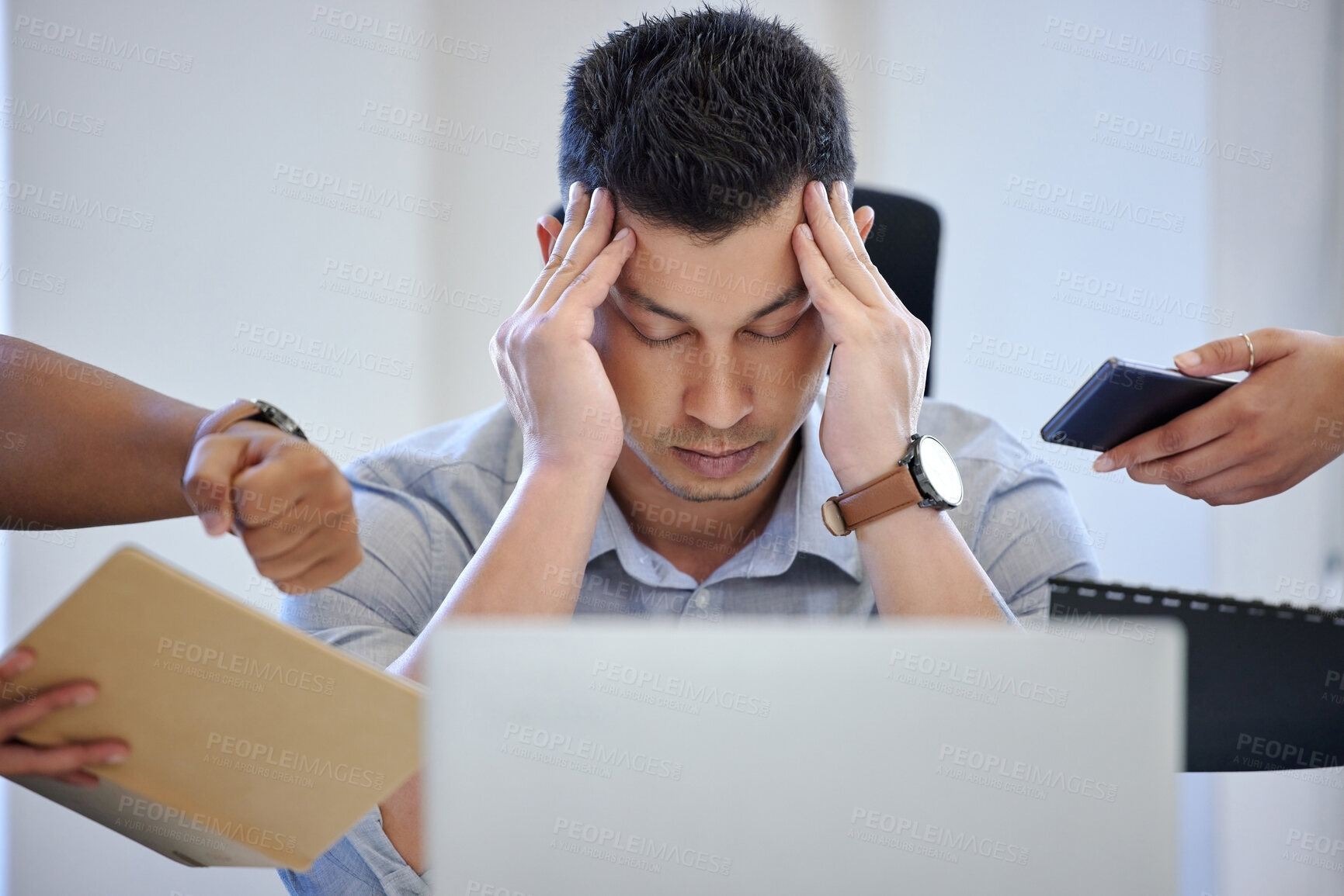 Buy stock photo Stress, business man and headache with coworker hands for giving book, file and extra project in office. Tired, male person and overwhelmed with workload, deadline and job pressure in boardroom