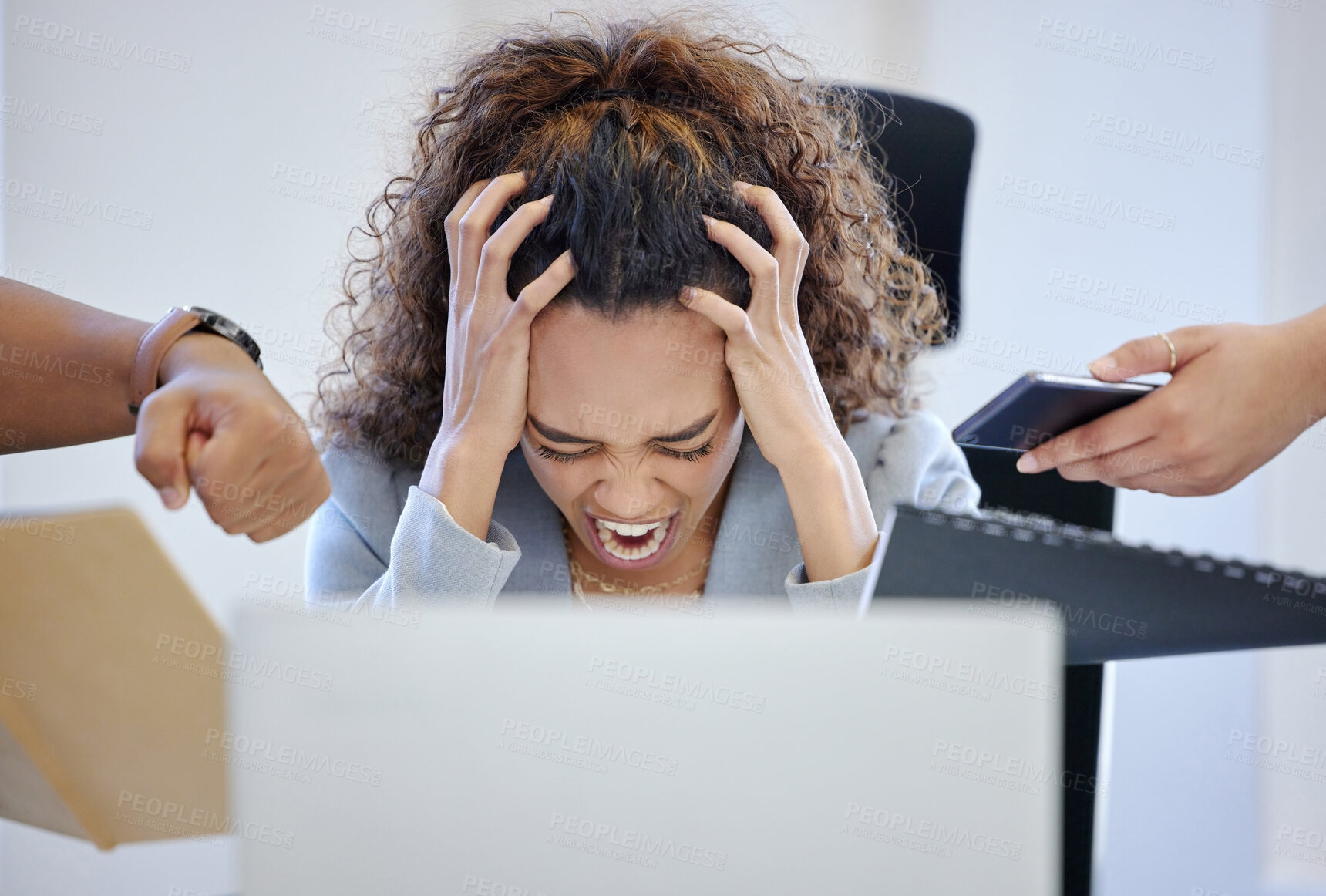 Buy stock photo Stress, business woman and headache with coworker hands for giving book, file and panic attack in office. Burnout, female person and anxiety for overwhelmed with  deadline and chaos for mental health