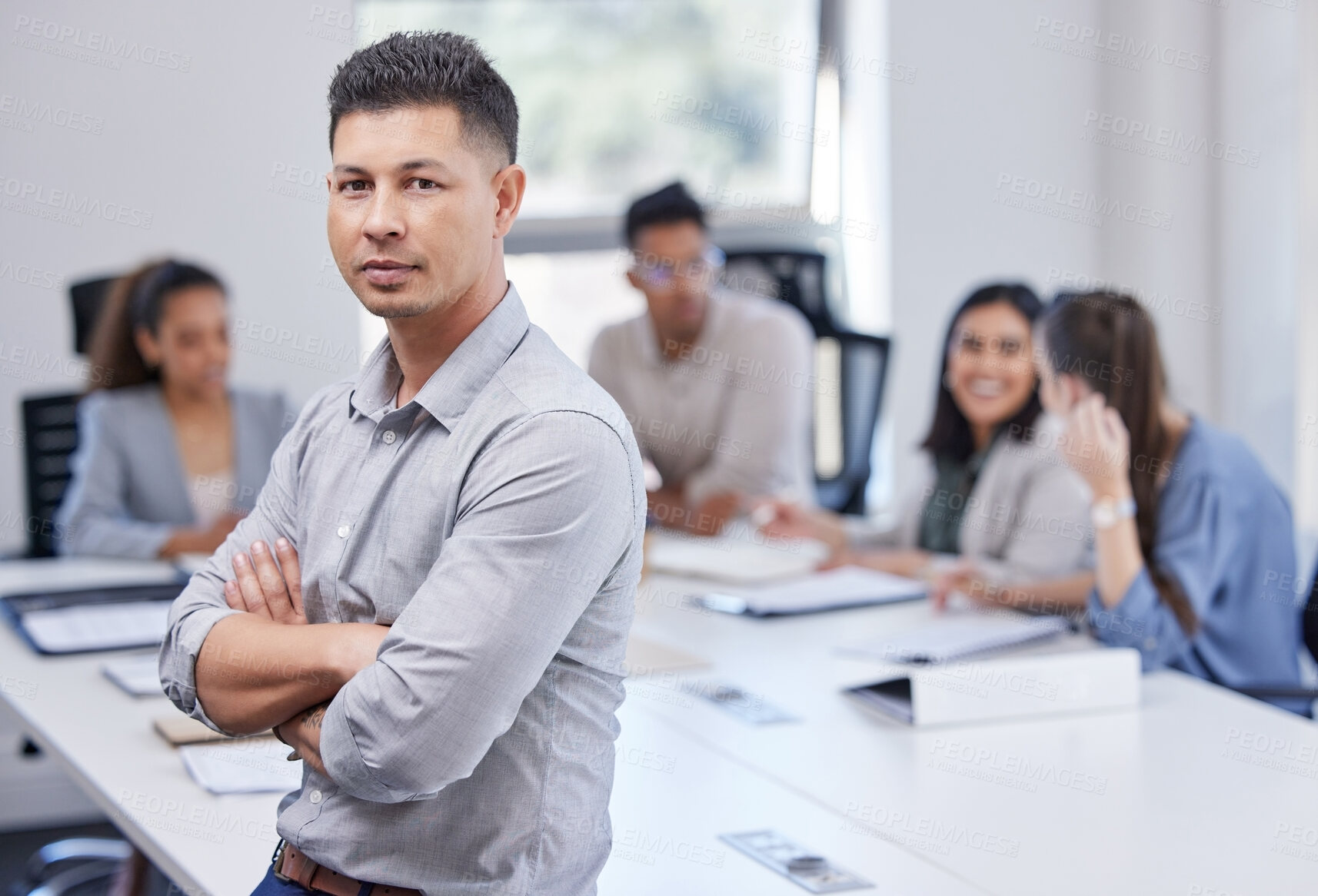 Buy stock photo Entrepreneur, portrait and employee on table, arms crossed and leadership in office. Businessman, planning and brainstorming for collaboration, teamwork or together in meeting, strategy and staff