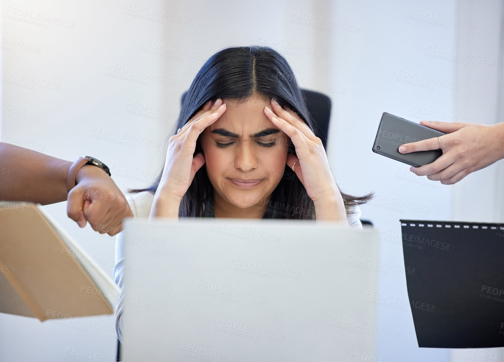 Buy stock photo Stress, business woman and headache with hands for multitasking and time management in office. Tired, female person and fatigue overwhelmed with anxiety, deadline and job pressure for mental health