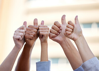 Buy stock photo Hands, thumbs up and support with business people to like in agreement, unity or solidarity together outdoor. Thank you, motivation and team building with a group of colleagues or employees outside