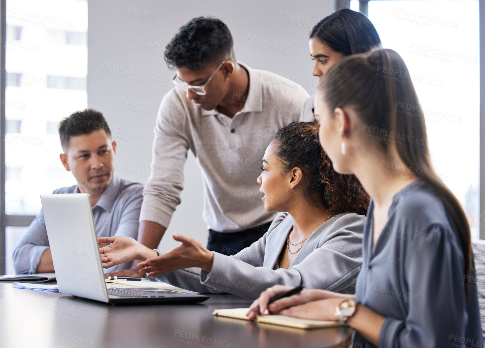 Buy stock photo Laptop, meeting and teamwork with business people in boardroom of office together for training. Computer, training or workshop with man and woman employee group in workplace for upskill development