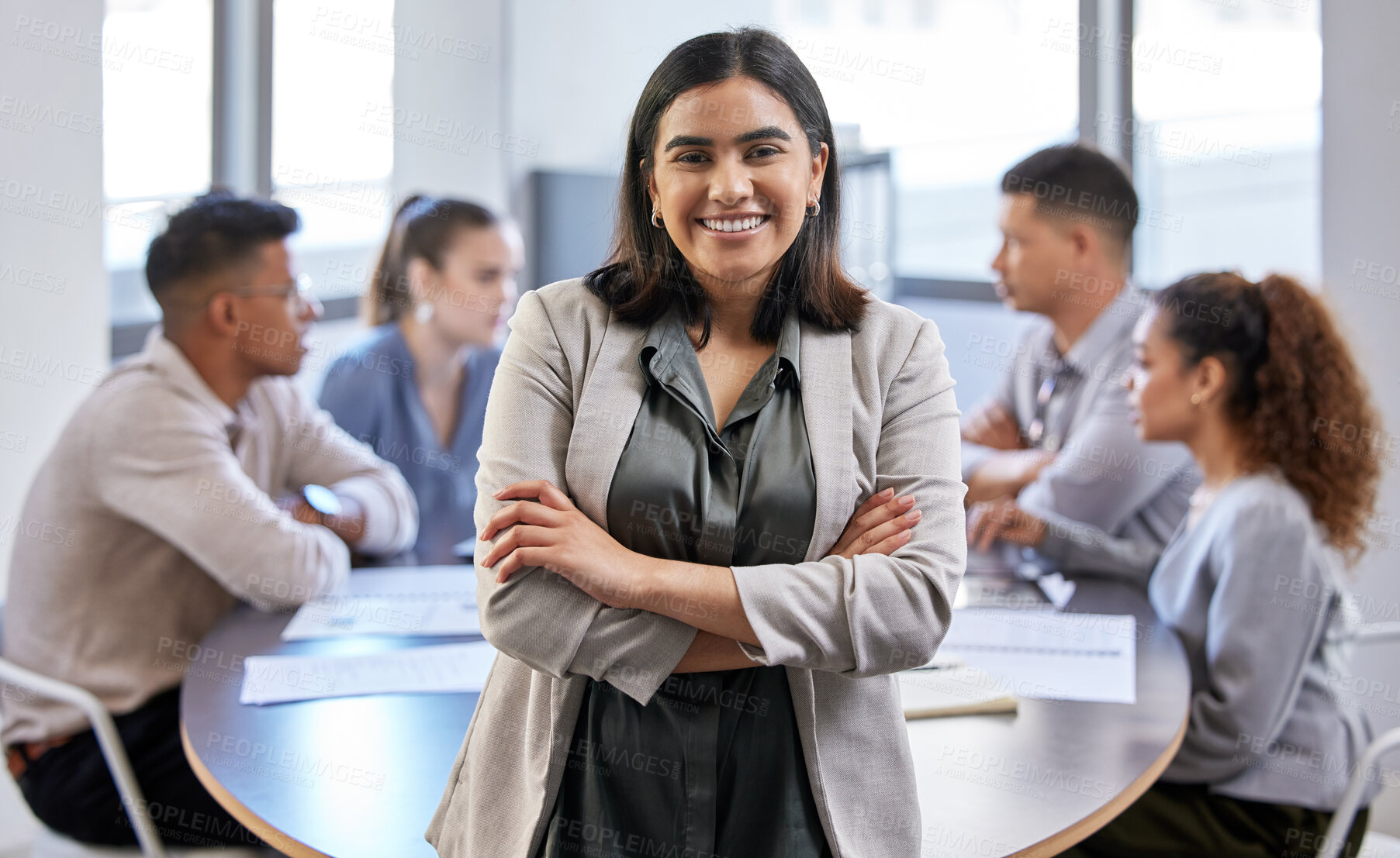 Buy stock photo Portrait, woman and arms crossed for business meeting in office with brainstorming, planning and feedback for project. Smile, pride and female manager for team collaboration and workplace discussion