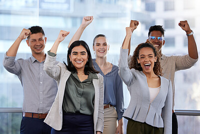 Buy stock photo Portrait of a group of young businesspeople cheering in a modern office