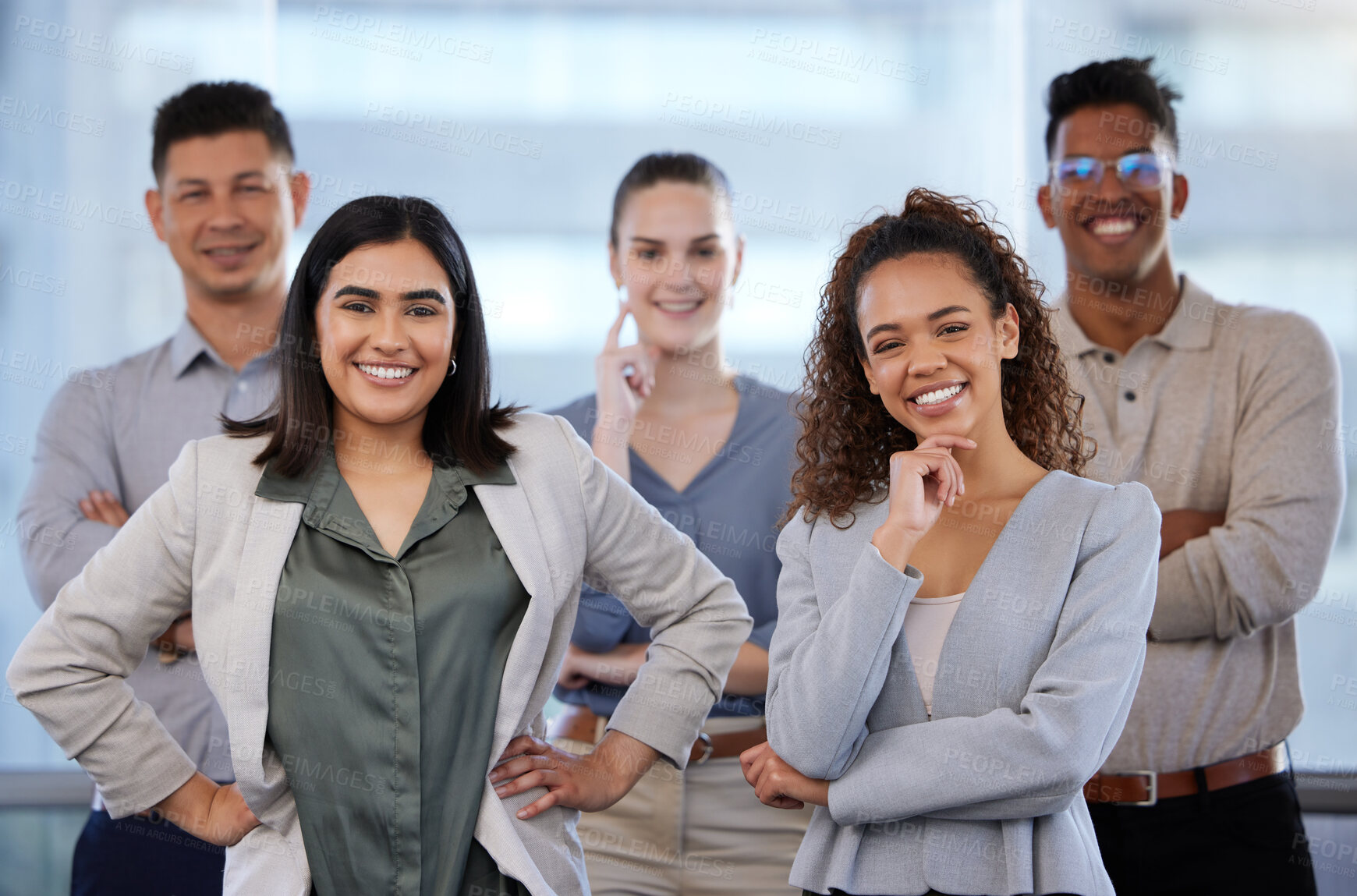 Buy stock photo Diversity, portrait and happy business people in office with pride for teamwork and collaboration. Men, women and trader in startup company for career and job for international investment in London