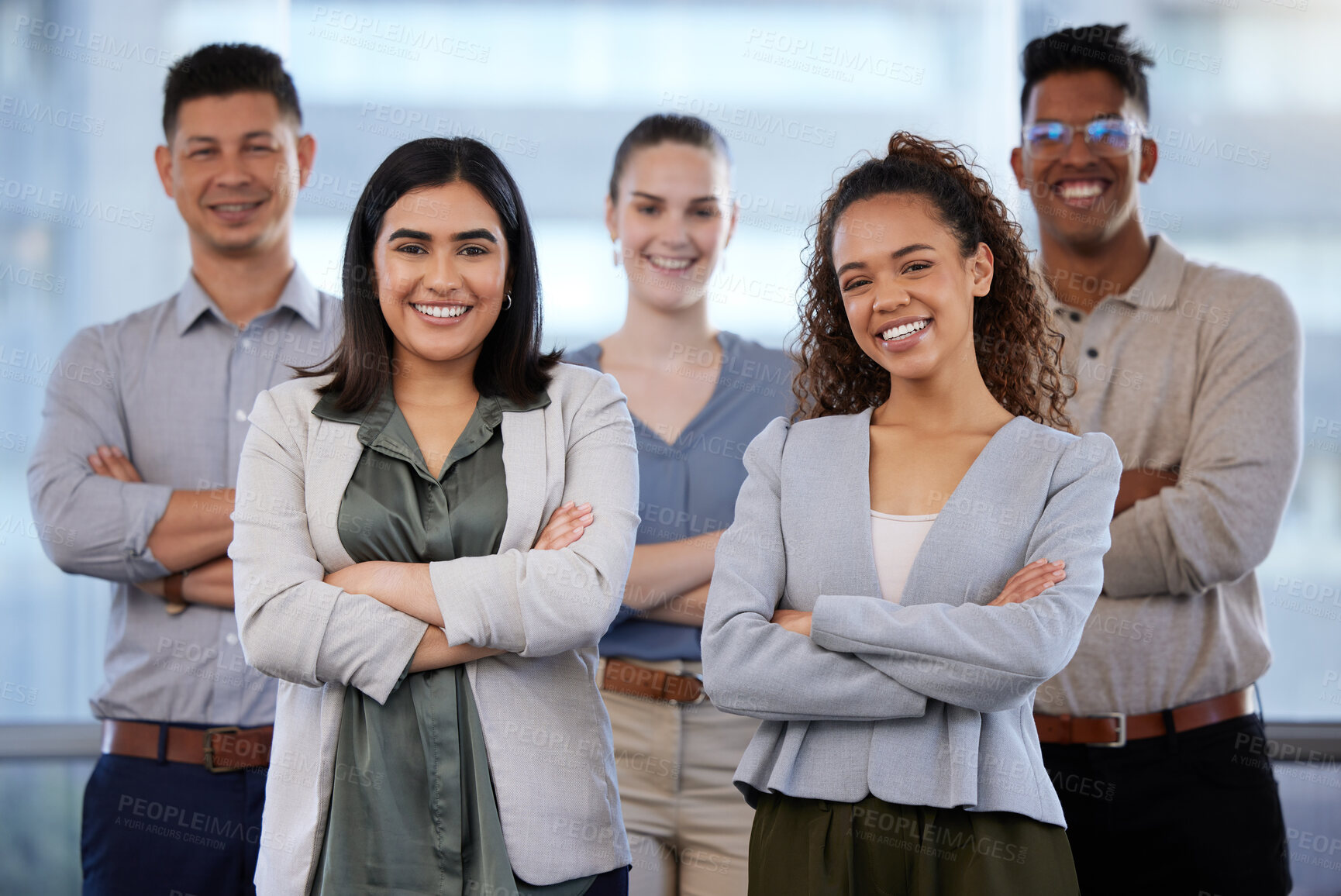 Buy stock photo Team diversity, corporate and portrait in office for confidence, happy and proud for startup. Woman, men and business people together in lobby for collaboration, partnership and support or teamwork