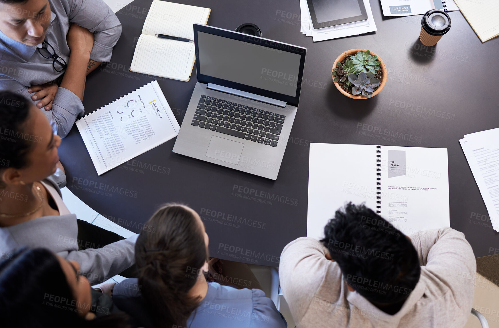 Buy stock photo Business people, above and meeting with tech in office for feedback discussion, research and documents for project. Staff, brainstorming and workplace conversation for planning strategy and teamwork