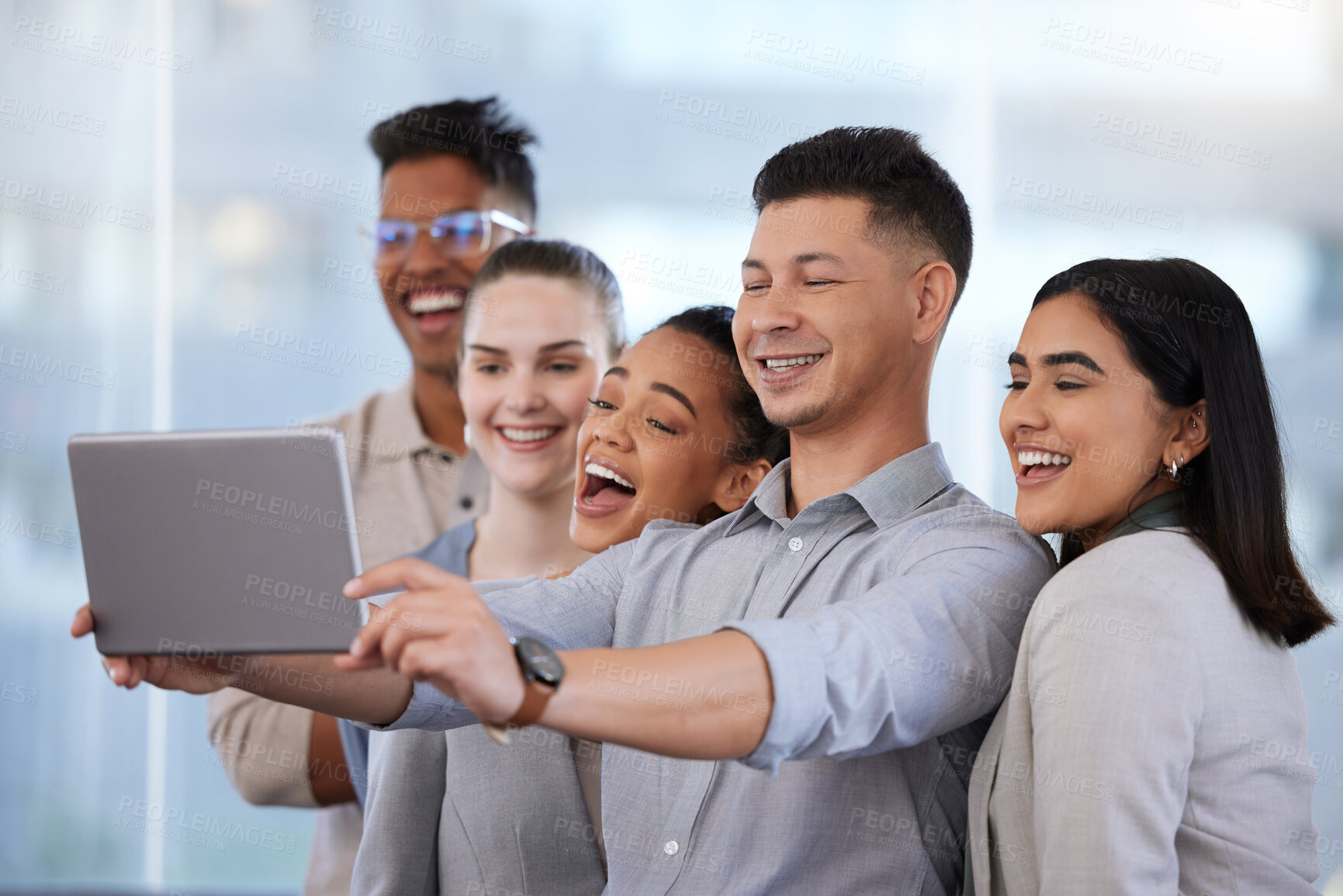 Buy stock photo Selfie, tablet and business people in office for profile picture, community or about us. Public relations, diversity and group of employees for company website, online blog post or social media