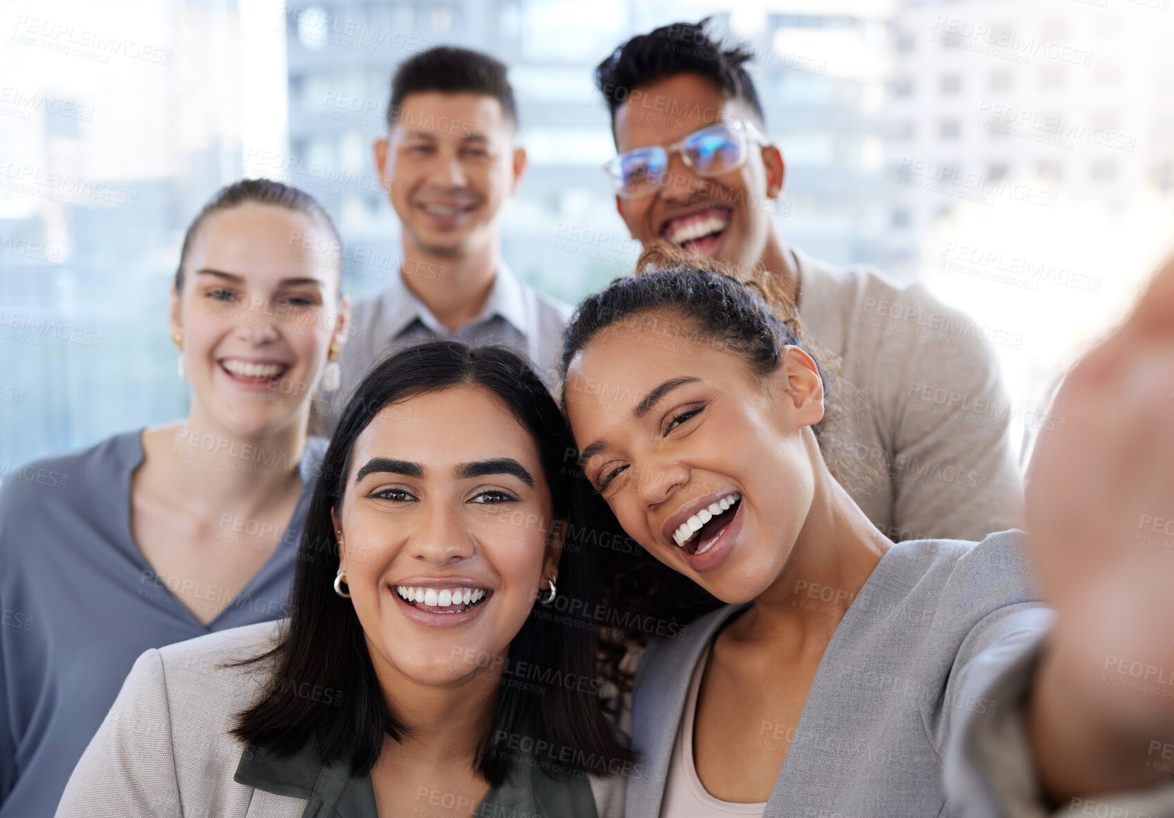 Buy stock photo Selfie, portrait and group of colleagues, smile and memory for collaboration in project and office. Employees, men and women in agency, team building and photography of journalist and meeting