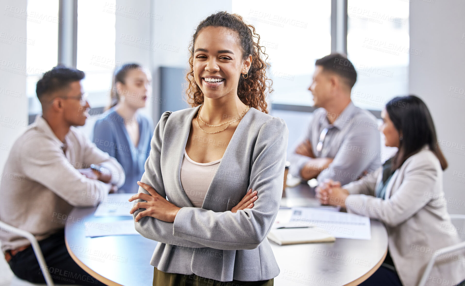 Buy stock photo Business, woman and happy in office on portrait for career or job growth and opportunity as project manager. Female person, confidence and smile or proud with teamwork and collaboration in boardroom