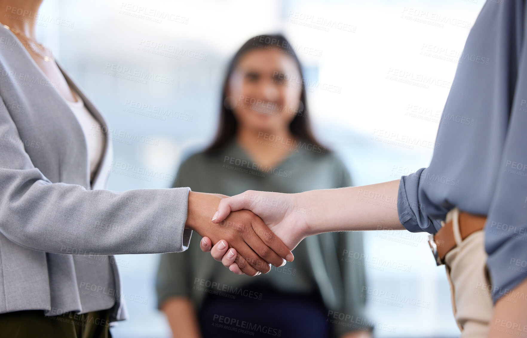 Buy stock photo Success, handshake and people in meeting at office with deal of partnership, recruitment and collaboration of business agreement. Woman, promotion and negotiation, merge and onboarding welcome