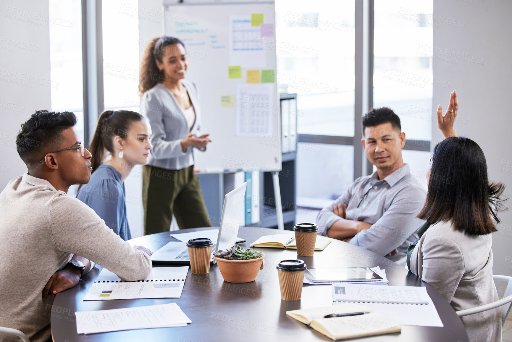 Buy stock photo Meeting, presentation and question with business people in boardroom of office together for training. Ask, training or workshop with man and woman employee group in workplace for upskill development