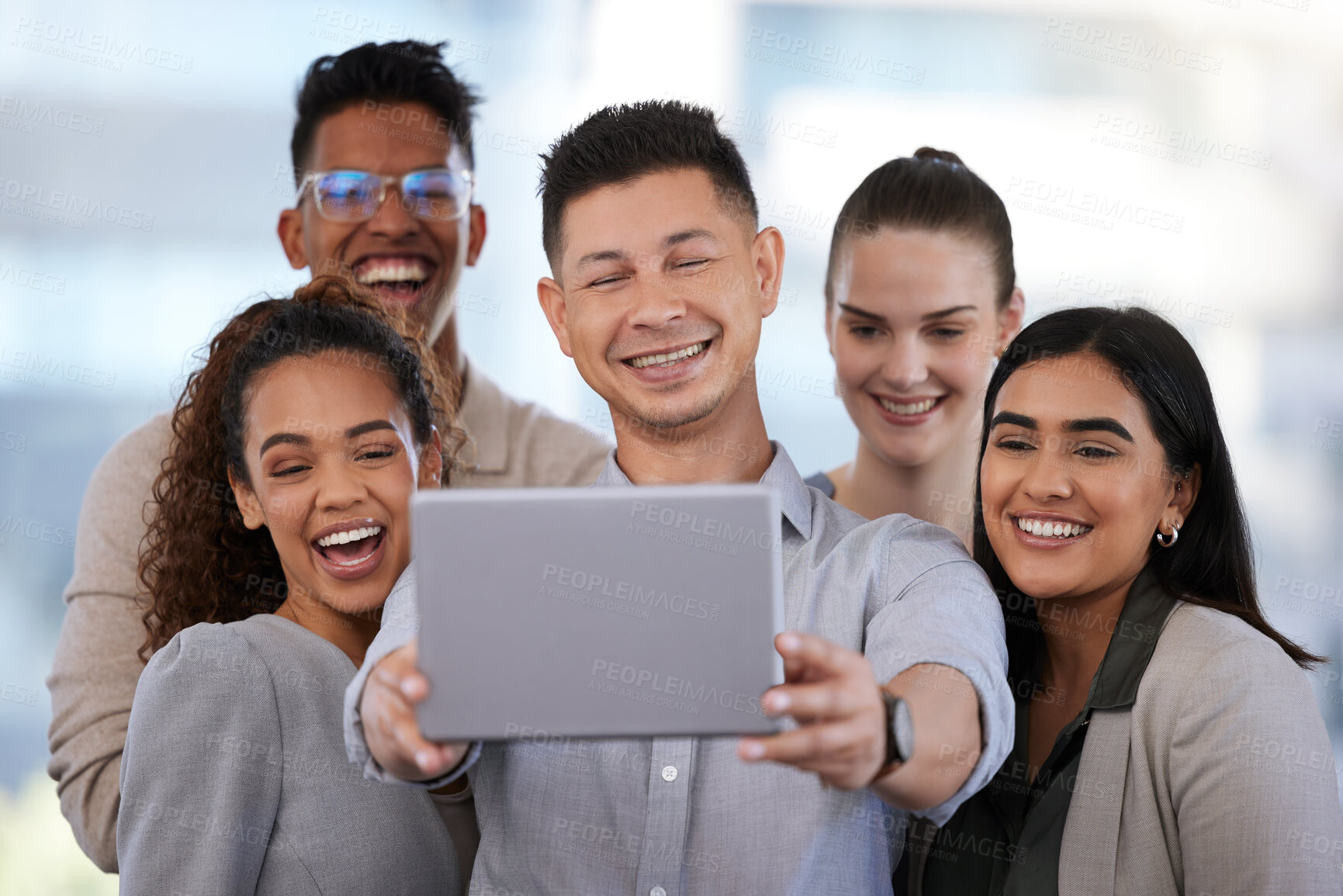 Buy stock photo Selfie, tablet and group of colleagues, smile and memory for collaboration in project and office. Employees, men and women in agency, team building and photography of journalist and business meeting