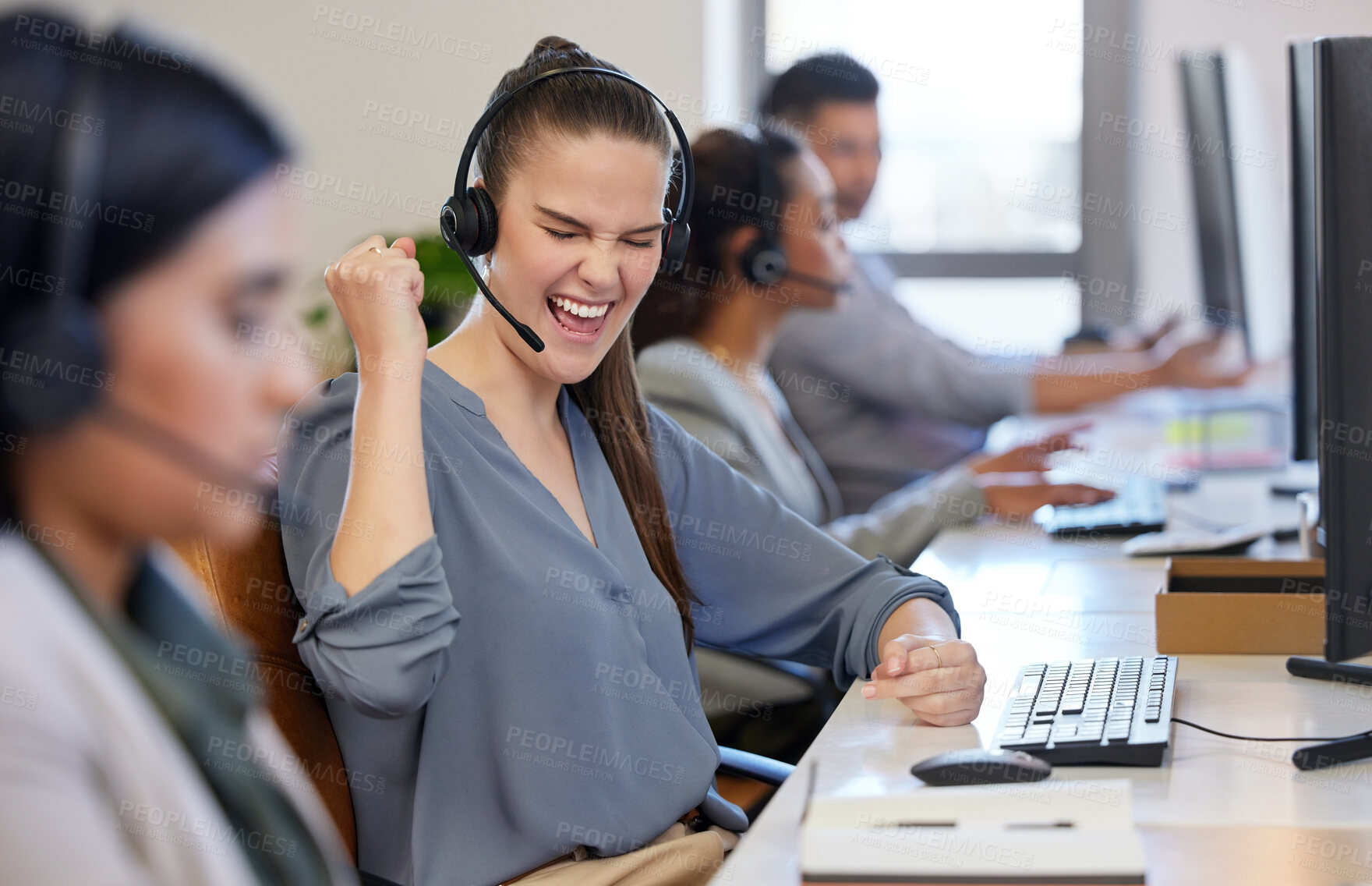 Buy stock photo Call center, consultant and woman with success, achievement and communication in office. Happy, winner and telemarketing agent in workplace for talking, sale and celebration for customer service