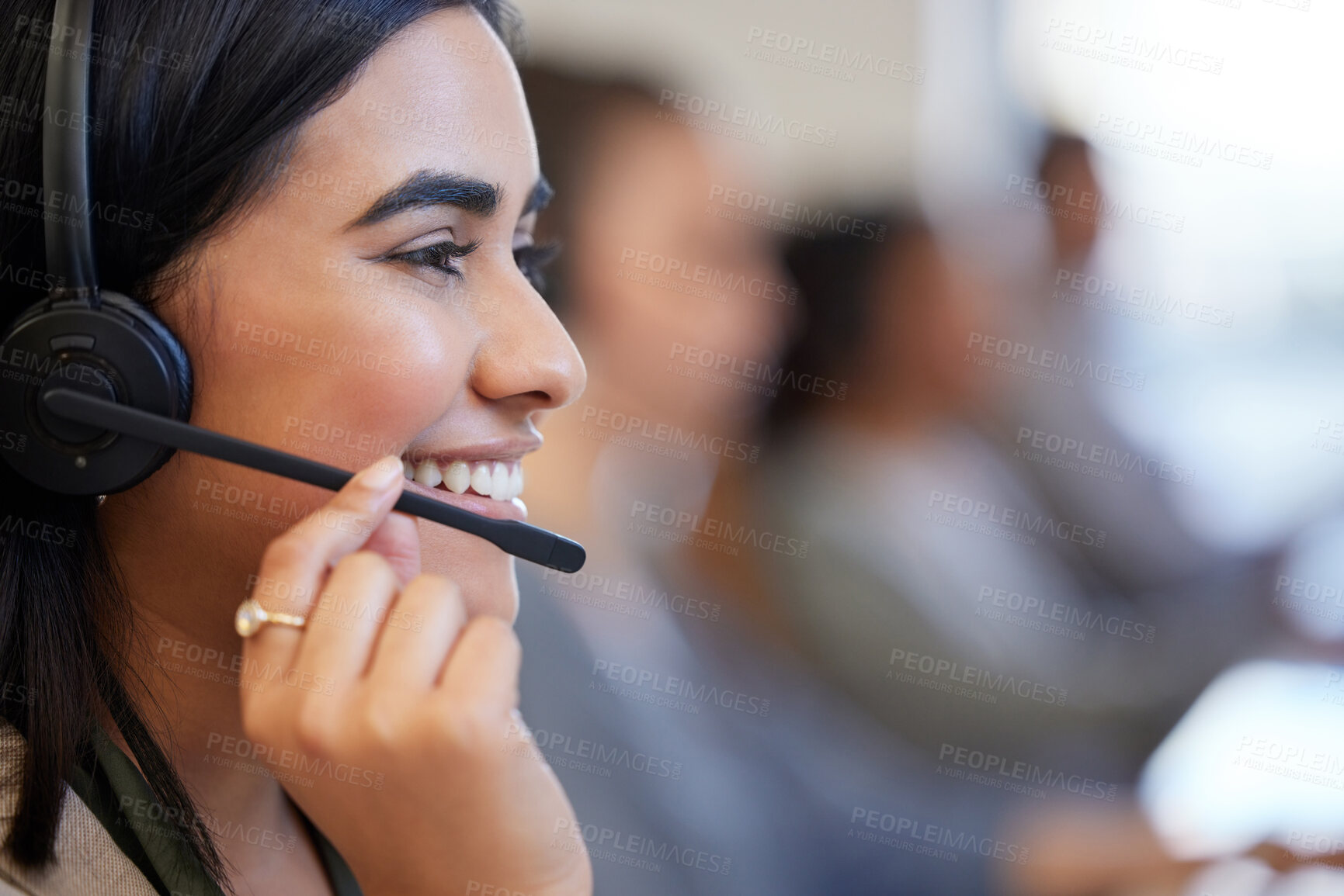 Buy stock photo Call center, close up and woman with smile, headphone and communication in office. Happy, telemarketing agent and discussion in workplace for deal, consulting and technology for customer service