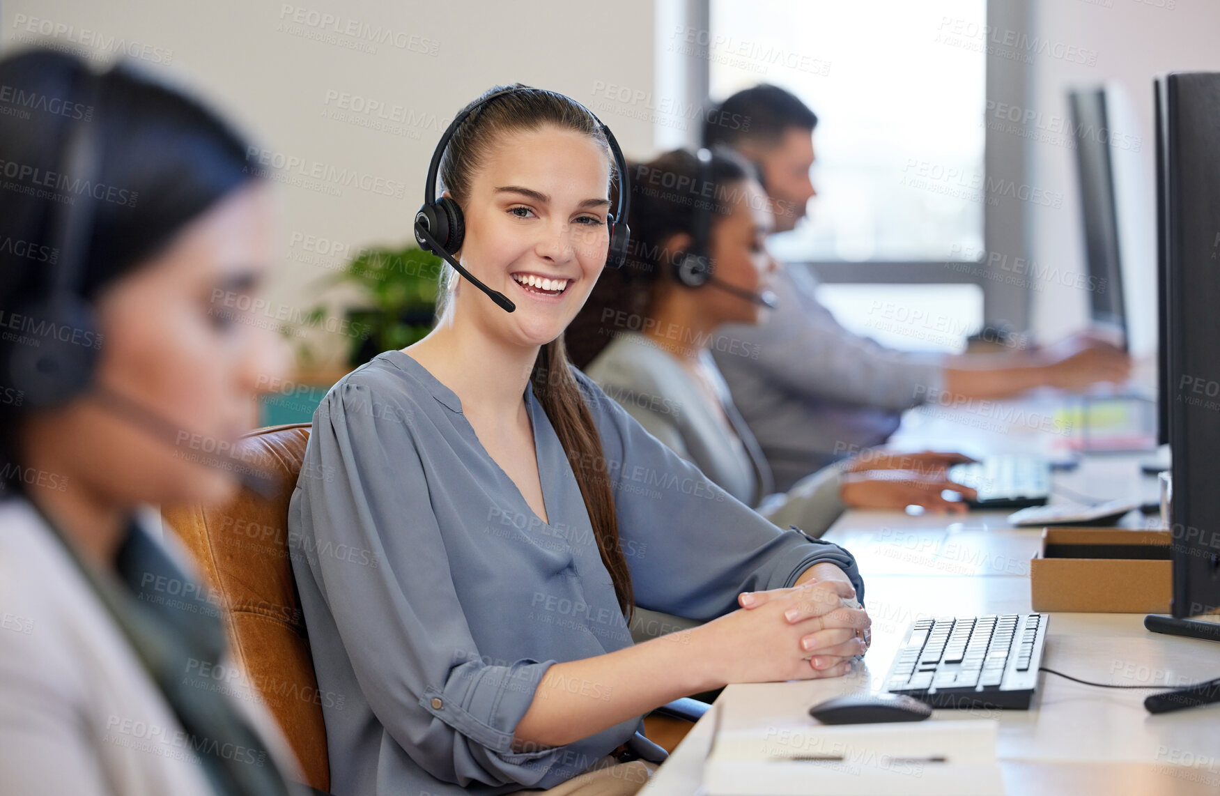 Buy stock photo Callcenter, portrait and woman help in technical support to chat online with customer on computer. Happy, consultant and contact us in telemarketing phone call for solution and virtual service