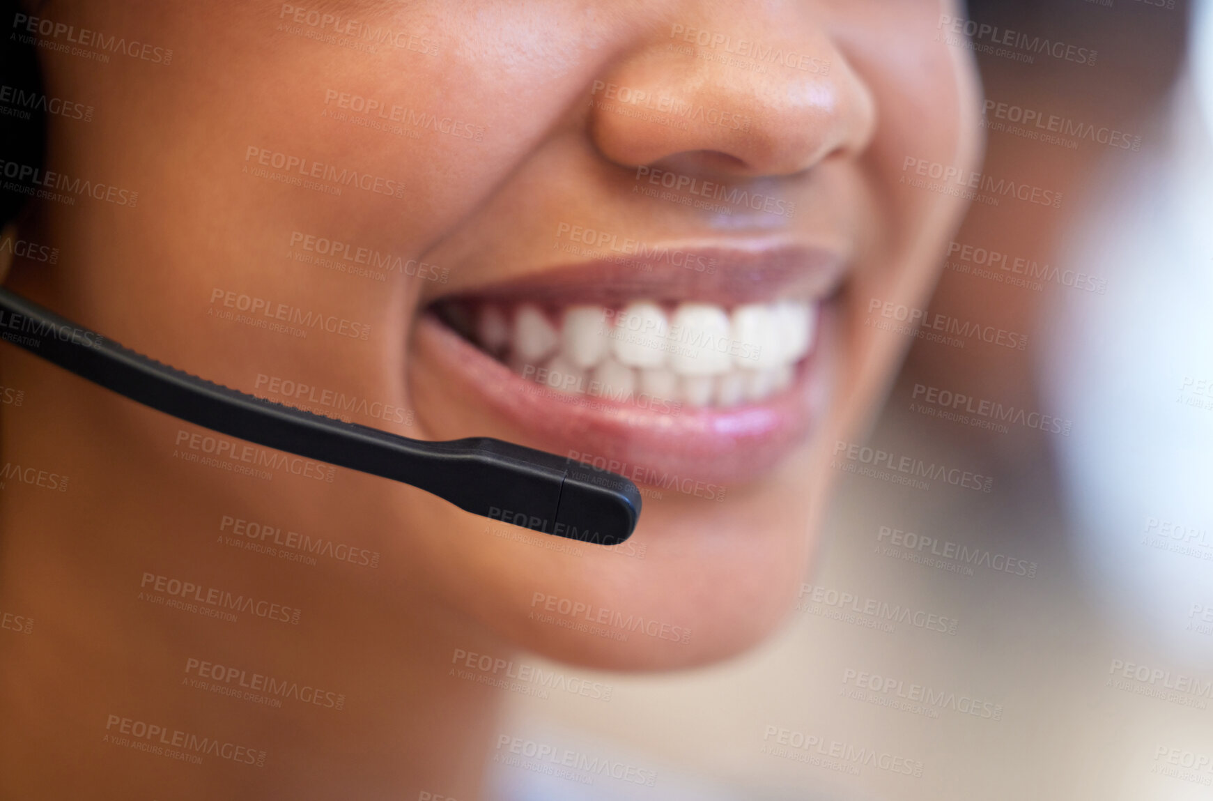 Buy stock photo Closeup shot of an unrecognisable businesswoman wearing a headset while working in a call centre