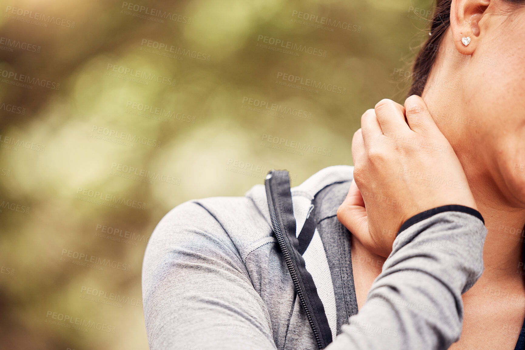 Buy stock photo Hands, neck pain and runner in nature, person or injury in training for fitness, health and mock up space. Athlete, joint or accident with burnout on countryside for exercise, wellness or emergency