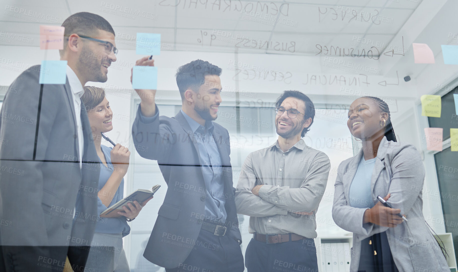 Buy stock photo Business people, meeting and sticky notes on glass wall in boardroom for teamwork and planning. Brainstorming, employees or group together in office for collaboration, support and thinking of ideas