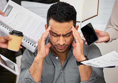 Buy stock photo Business man, headache and overwhelmed burnout from work chaos and company in a office. Anxiety, frustrated and male employee feeling overworked from report deadline, paperwork and project problem