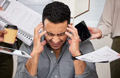 Buy stock photo Business man, stress headache and burnout from work chaos and company document in a office. Anxiety, frustrated and male employee feeling overworked from deadline, paperwork and project problem