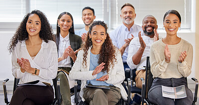 Buy stock photo Shot of a team of staff members applauding during a business meeting