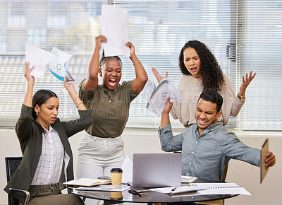 Buy stock photo Shot of a group of businesspeople angrily throwing paperwork around