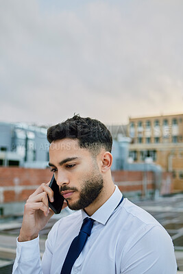 Buy stock photo City, depression and phone call with business man on roof of building for job loss communication. Bad news, fired and frustration with unhappy employee outdoor in urban town for mobile conversation