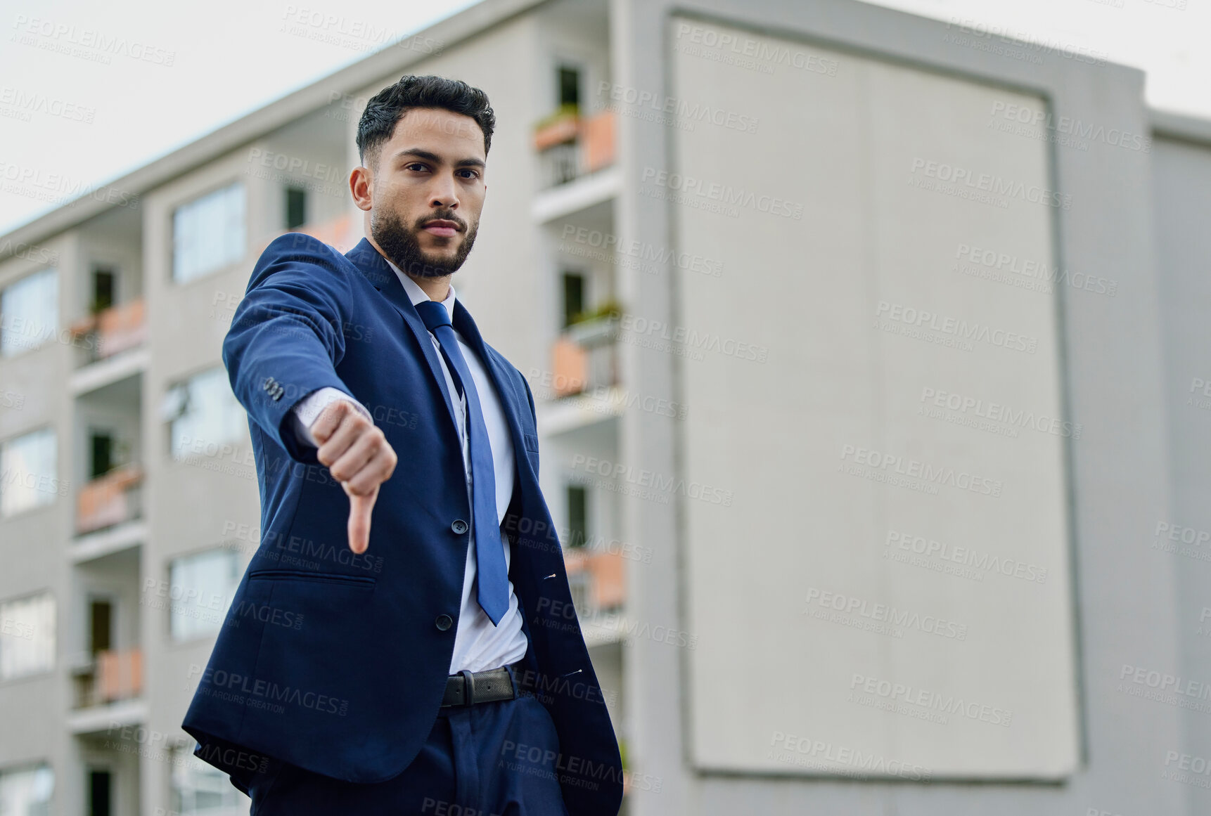 Buy stock photo City, portrait and thumbs down with business man outdoor for bankruptcy, debt or job loss. Anger, frustration and unhappy corporate employee in corporate town for negative reaction to bad news