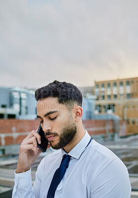 Buy stock photo City, fired and phone call with business man on roof of building for job loss communication. Bad news, depression and frustration with unhappy employee outdoor in urban town for mobile conversation