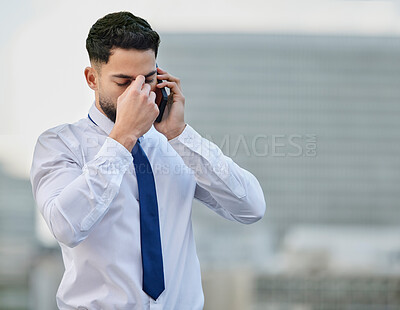 Buy stock photo Fired, phone call or businessman in city with stress, financial crisis or anxiety for speaking of job loss. Headache, depression or upset banker frustrated by bad news in urban town or conversation