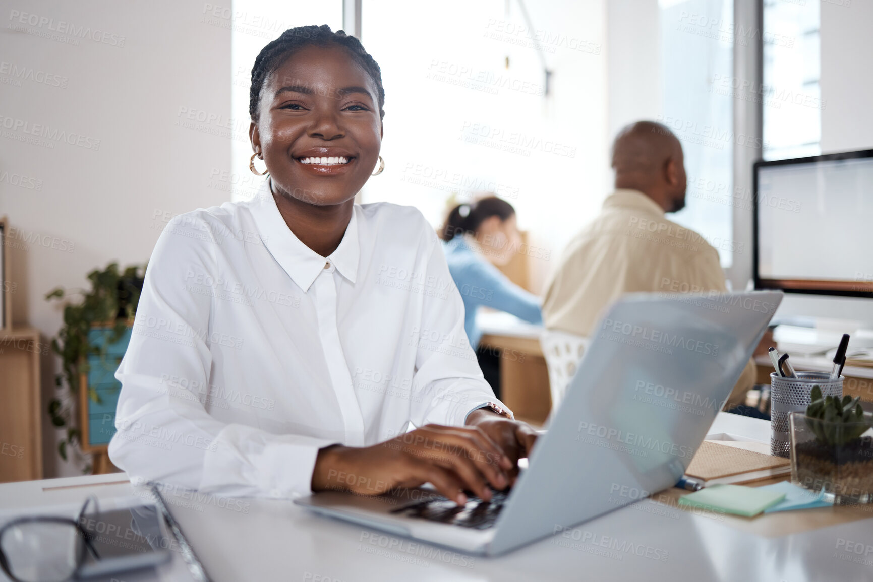 Buy stock photo Shot of a young businesswoman using a headset and laptop in a modern office