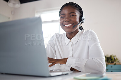 Buy stock photo Portrait, happy or black woman on laptop for customer service, online help or business loan. Smile, financial consultant or confident agent at desk for insurance call center support or communication