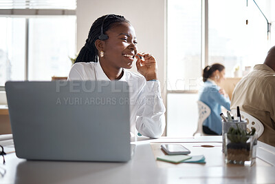 Buy stock photo Headset, laughing or black woman on laptop for customer service, online help or business loan. Smile, financial consultant or funny agent in agency for insurance call center support or communication