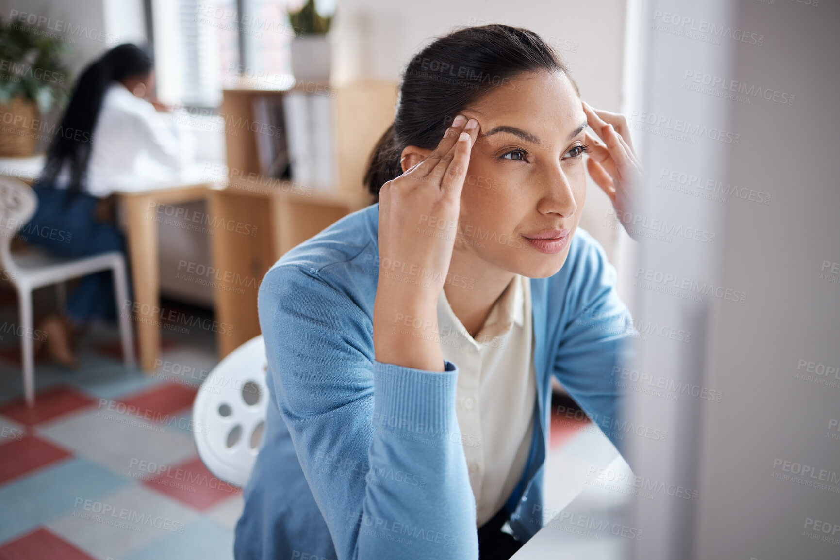 Buy stock photo Reading, stress or tired businesswoman on computer for project deadline or online report. Administration crisis, eye strain and exhausted database administrator with fatigue, headache and burnout