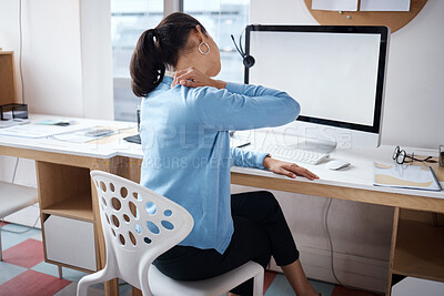 Buy stock photo Woman, business and computer screen in office with neck pain, muscle fatigue or pinched nerve. Virtual assistant, tech mockup or back injury in firm with burnout, uncomfortable chair or wrong posture