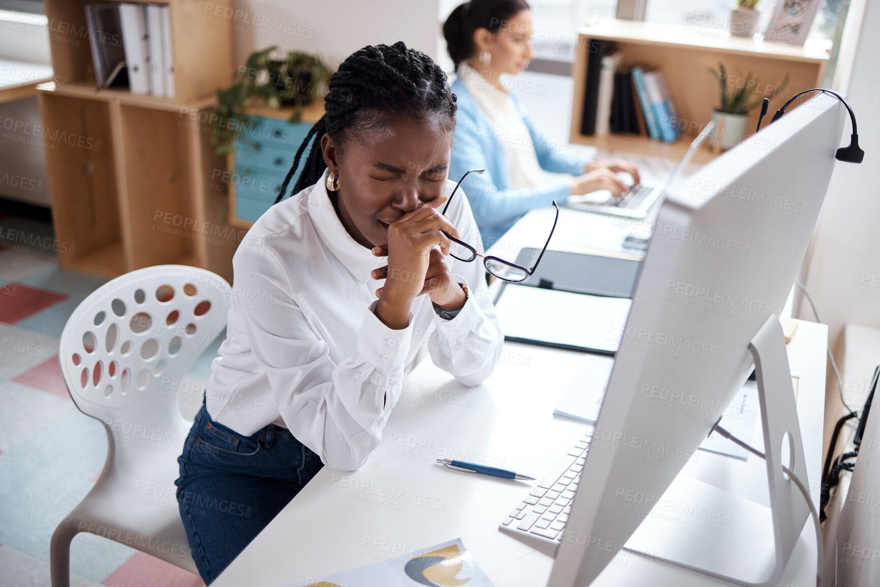 Buy stock photo Business, woman and pain of eye strain in office for wrong prescription, vertigo and blurred vision. Telecommunications, eyesight pressure and overworked at desk for project deadline and brain fog