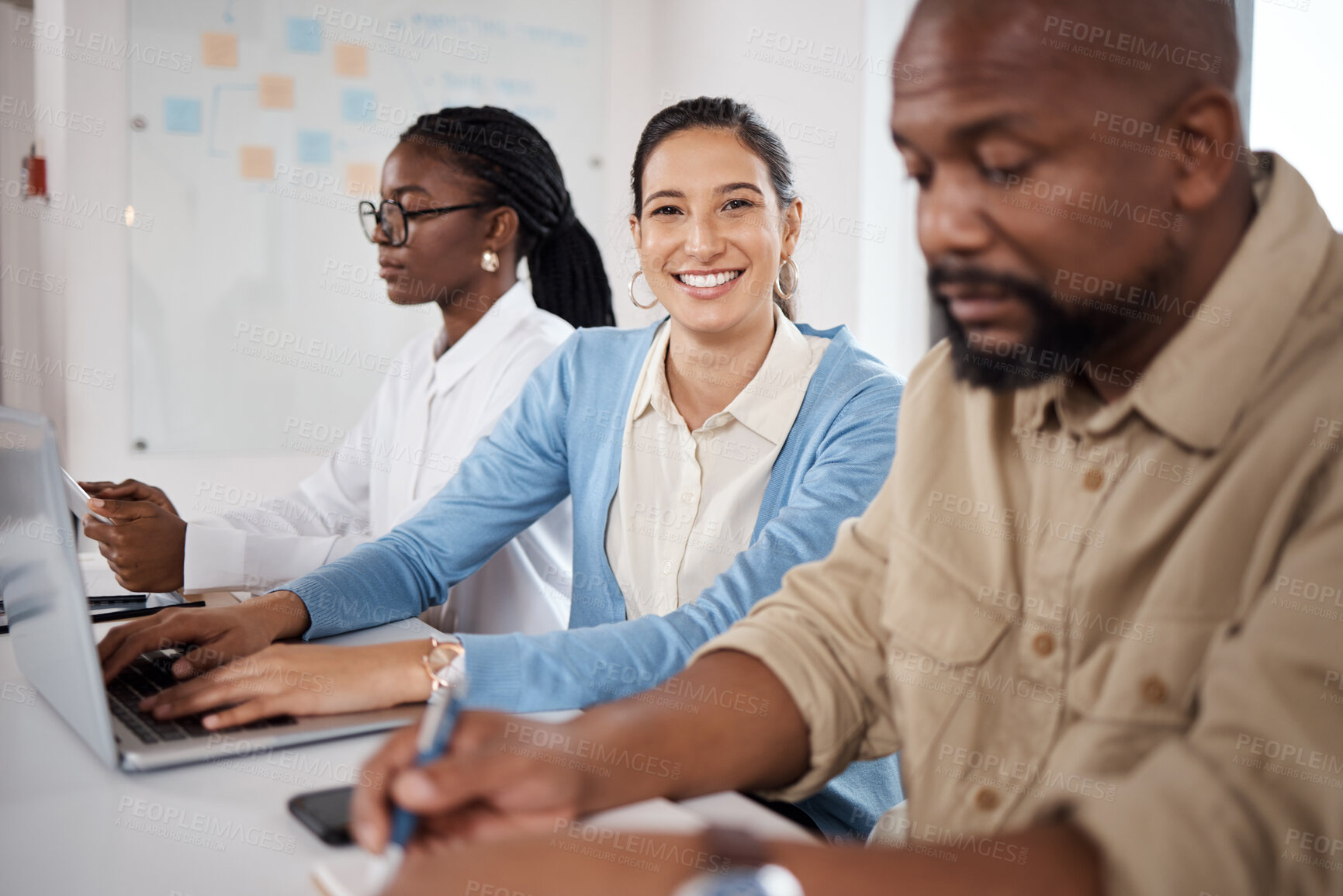 Buy stock photo Portrait, business and woman for meeting in office with laptop, copywriting career and editing article. Smile, female writer and staff with online research, publishing schedule and  journalist report